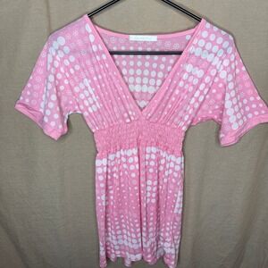 Y2K Charlotte Russe Pink Polka Dot Floral Smocked Empire Waist Top Size M